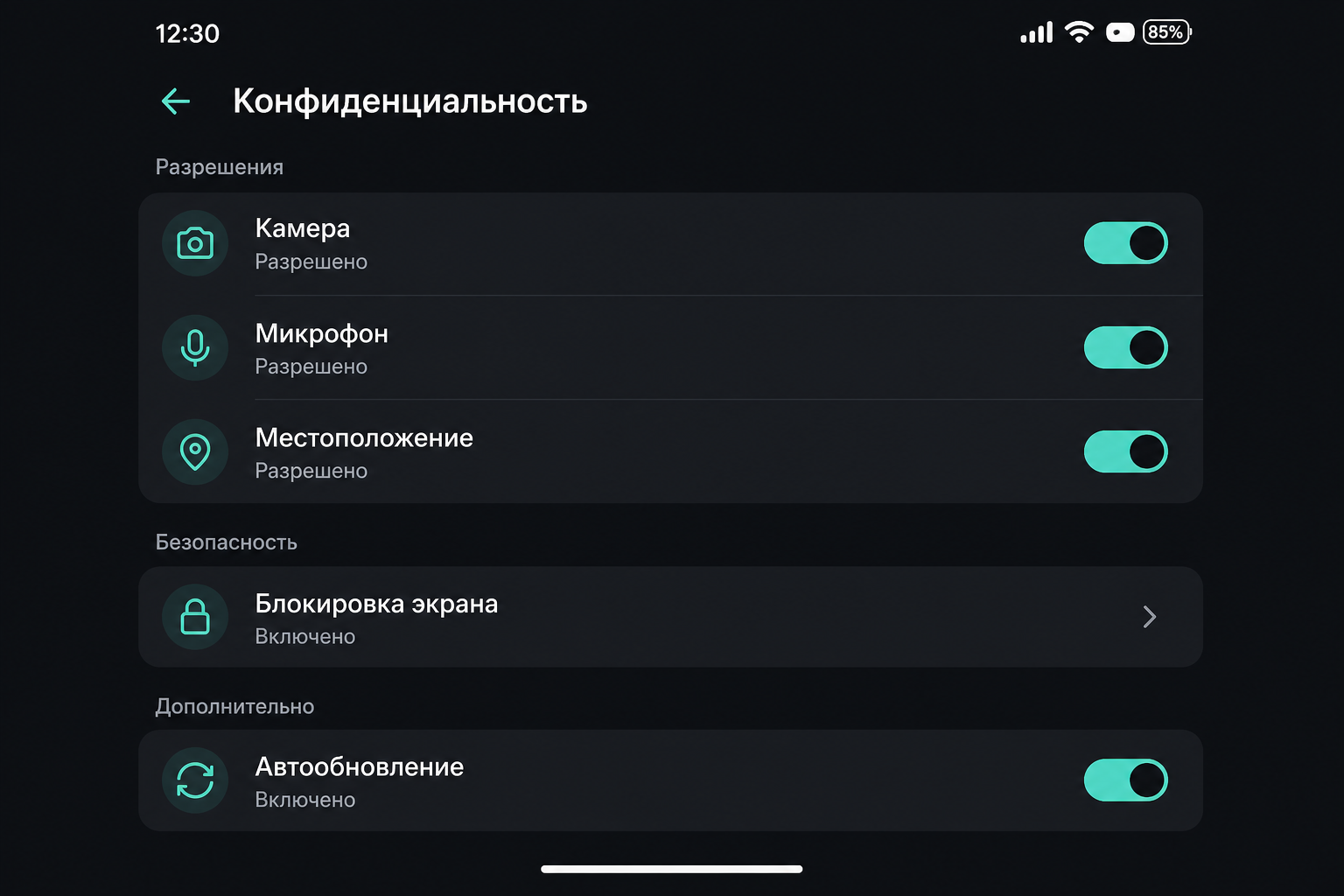 Экран настроек приватности смартфона
