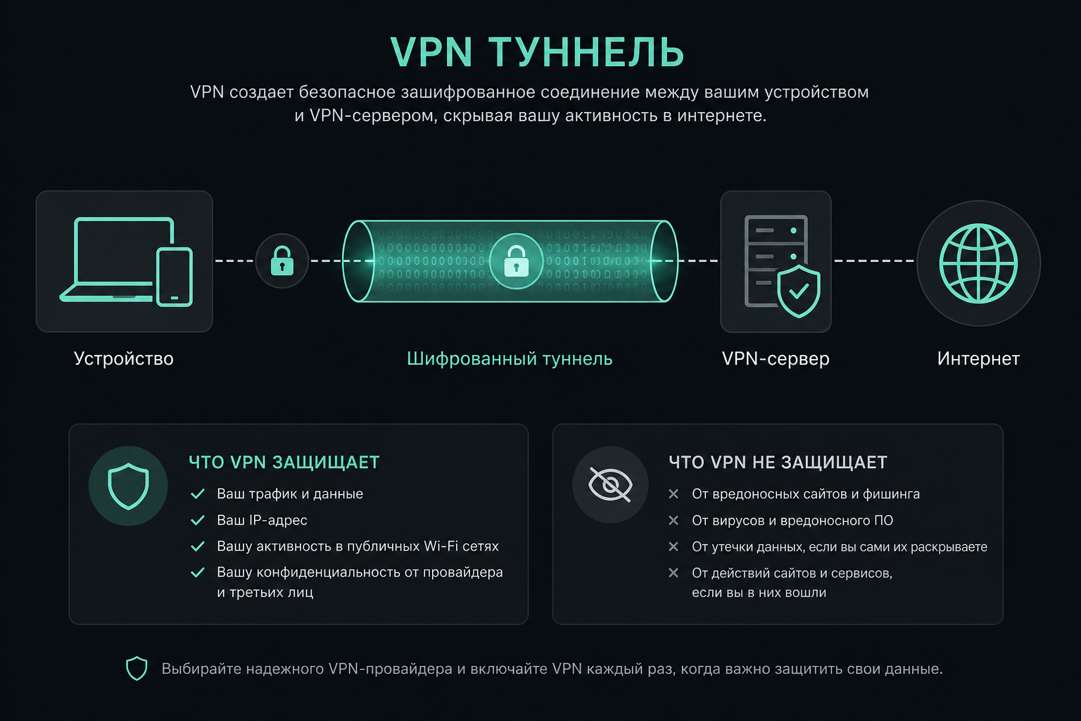 Схема VPN-туннеля от устройства до сервера и интернета